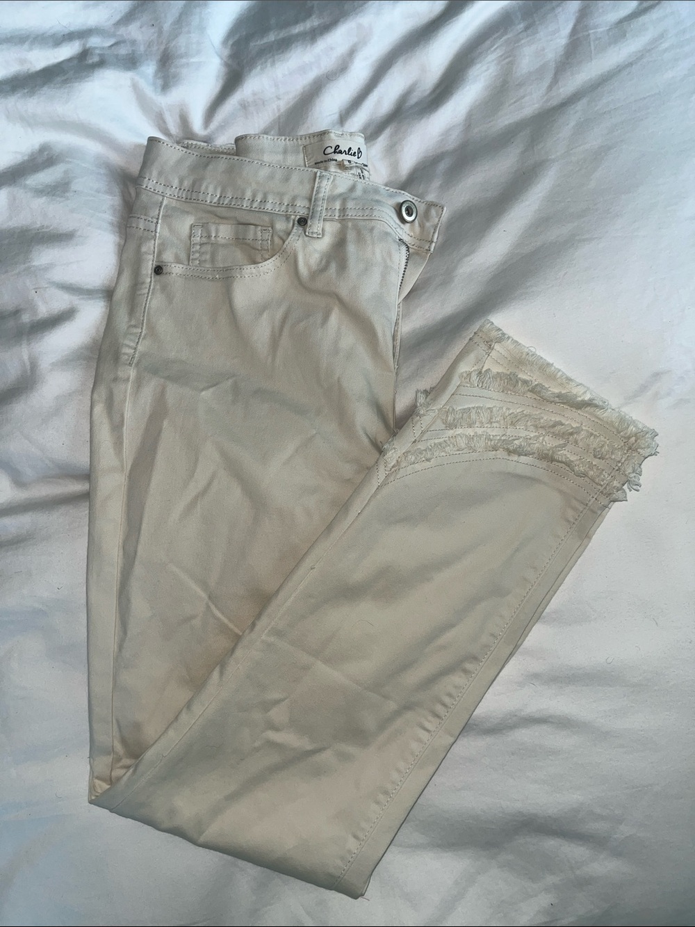 Charlie Cream Skinny Jeans with Frayed Hem